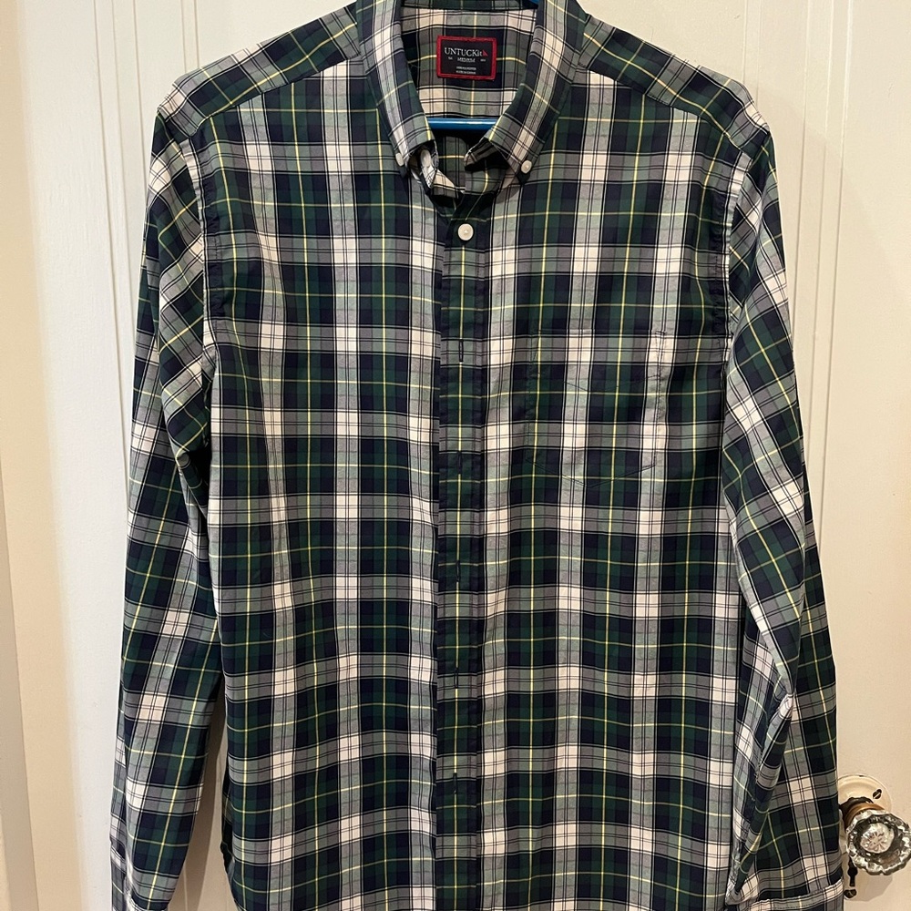 UNTUCKit Green and Blue Dress Shirt Classic Plaid Design